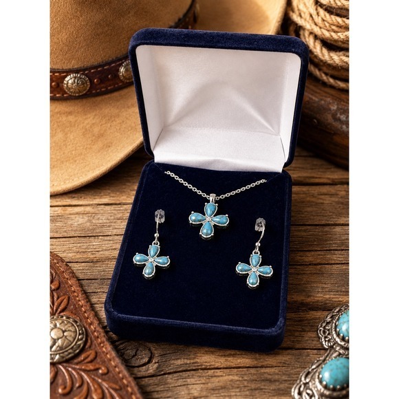 Montana Silversmiths Jewelry - NWT Montana Silversmiths Turquoise Flower Cross Western Necklace & Earrings Set